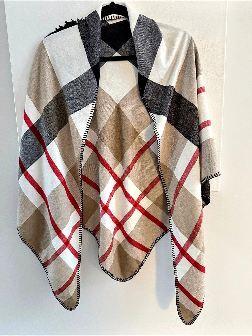 Tristan Plaid Wrap in Beige & Red Like New